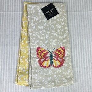 🛍️Cynthia Rowley Kitchen Towels (2) Floral Butterfly Yellow Tan 100% Cotton NWT